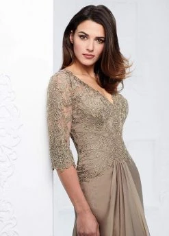 Mon Cheri - Beaded Lace A-Line Gown With Detachable Sleeves 117909