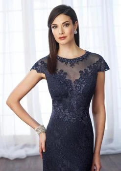 Mon Cheri Beaded Sheer Lace Cap Sleeves Evening Gown 217642