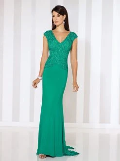 Mon Cheri Embroidered Cap Sleeves Fitted Evening Gown 116667 - 1 Pc Green In Size 10 Available