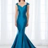 Mon Cheri Fitted Cap Sleeves Stretch Satin Mermaid Gown 118661 - 1 Pc Teal In Size 12 Available