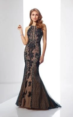 Mon Cheri Halter Illusion Panel Mermaid Gown