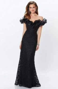 Mon Cheri - Ruffled Off-Shoulder Sheath Evening Gown 119931 - 1 Pc Blue Willow In Size 8 Available