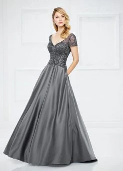 Mon Cheri Short Sleeve Beaded Long Satin Gown - 1 Pc Charcoal In Size 6 Available