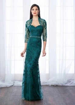 Mon Cheri Strapless Lace Gown With Sheer Bolero Jacket 217649 - 1 Pc Teal In Size 14 Available