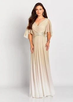 Mon Cheri - V-Neck Flutter Sleeve Ombre Evening Gown 119657 - 1 Pc Champagne In Size 14 Available