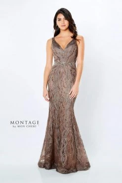 Montage By Mon Cheri - 120921W Embroidered V-Neck Trumpet Dress