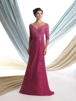 Montage By Mon Cheri Beaded Embroidered Lace Mock-Wrap Chiffon Gown