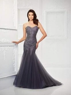 Montage By Mon Cheri - Beaded Lace Sweetheart Dress 118964W - 1 Pc Gunmetal In Size 20W Available