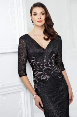 Montage By Mon Cheri - Cap Sleeve Intricate Lace Sheath Gown 217946 - 1 Pc Black In Size 6 Available