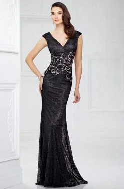 Montage By Mon Cheri - Cap Sleeve Intricate Lace Sheath Gown 217946 - 1 Pc Black In Size 6 Available