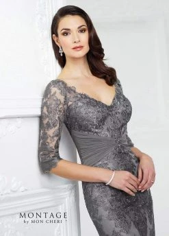 Montage By Mon Cheri - Embroidered Ruched Sheath Gown 217942 - 1 Pc Smoke In Size 8 Available