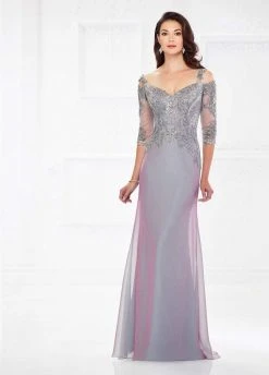 Montage By Mon Cheri - Metallic Lace Bodice Chiffon Gown 118974 - 1 Pc Plum In Size 20 Available