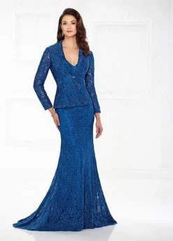 Montage By Mon Cheri - Sheath Gown With Long-Sleeved Jacket 118983 - 1 Pc Dark Peacock In Size 16 Available