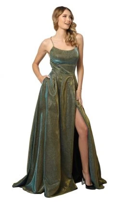 Nox Anabel - C241 Metallic Crisscross Open Back A-Line Gown