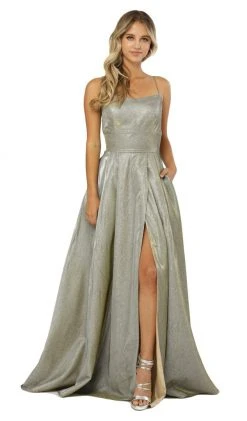 Nox Anabel - C241 Metallic Crisscross Open Back A-Line Gown