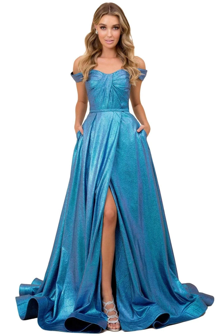 Nox Anabel - E366 Twist-Rendered Off Shoulder Metallic Gown 3 Nox Anabel - E366 Twist-Rendered Off Shoulder Metallic Gown