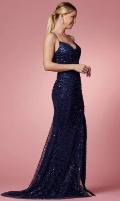 Nox Anabel R1031 - Beaded Cowl Prom Dress With Slit