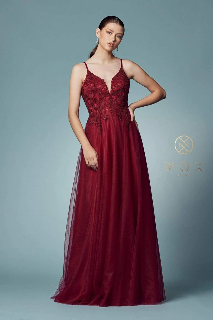 Nox Anabel - R357 Plunging Embroidered Lace Bodice Gown 9 Nox Anabel - R357 Plunging Embroidered Lace Bodice Gown