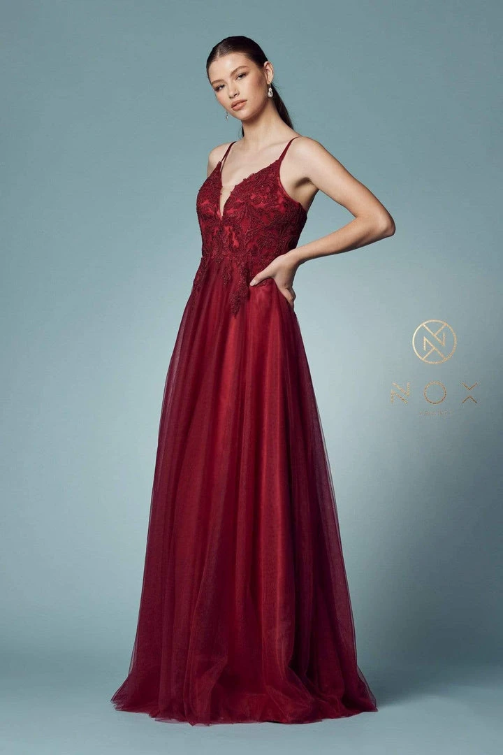 Nox Anabel - R357 Plunging Embroidered Lace Bodice Gown 10 Nox Anabel - R357 Plunging Embroidered Lace Bodice Gown