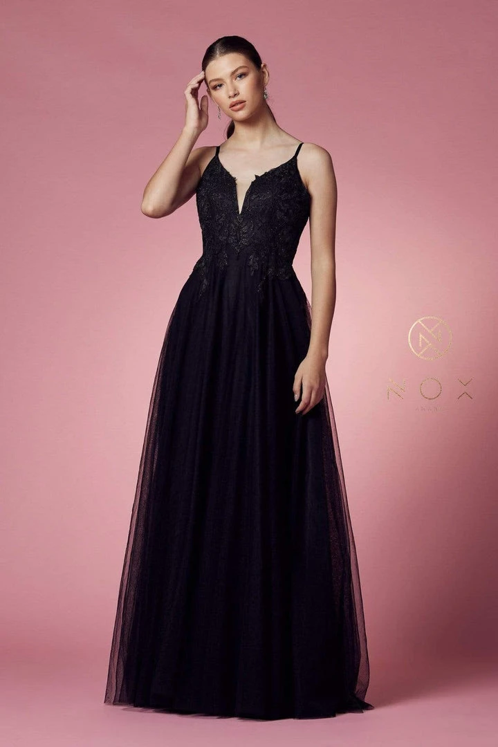 Nox Anabel - R357 Plunging Embroidered Lace Bodice Gown 7 Nox Anabel - R357 Plunging Embroidered Lace Bodice Gown