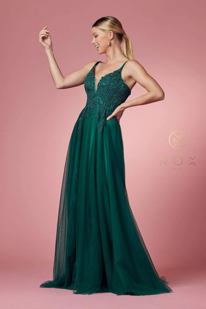 Nox Anabel - R357 Plunging Embroidered Lace Bodice Gown 4 Nox Anabel - R357 Plunging Embroidered Lace Bodice Gown