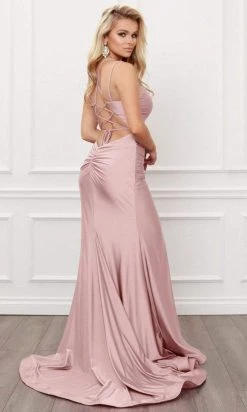 Nox Anabel - T481 Spaghetti Strap Scoop Neck High Slit Chiffon Gown