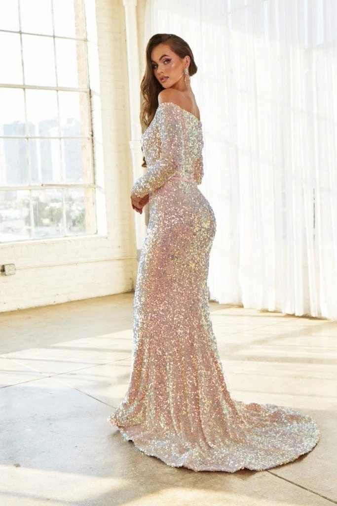 Portia And Scarlett - PS21032 Off Shoulder Long Sleeve Sequin Gown 4 Portia And Scarlett - PS21032 Off Shoulder Long Sleeve Sequin Gown