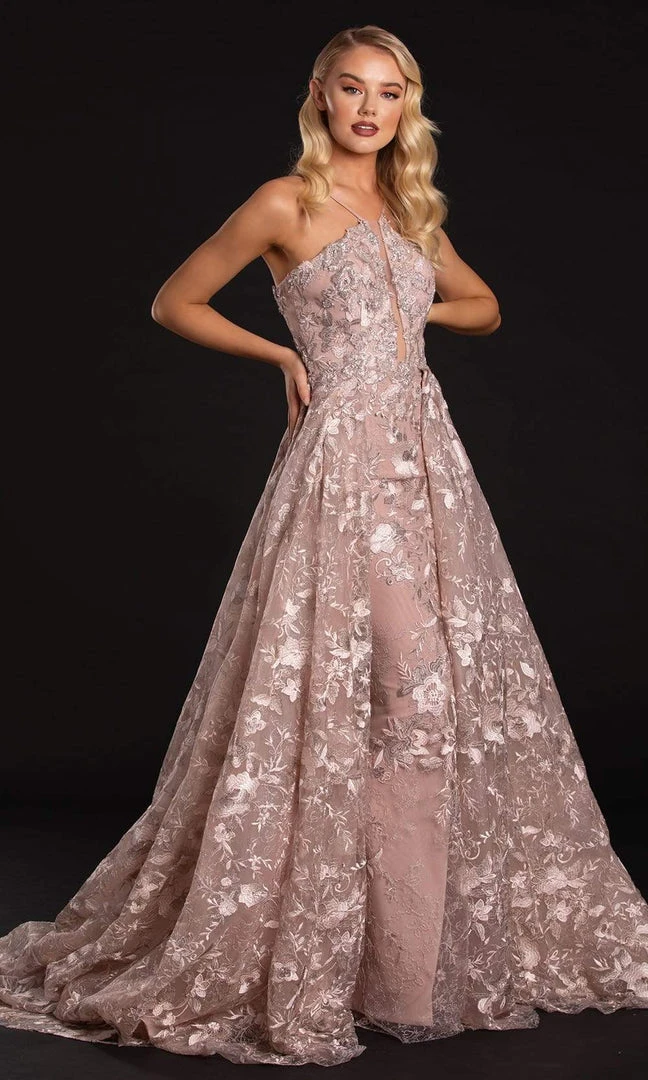 Portia And Scarlett - PS21184 Applique Halter Dress With Overskirt 3 Portia And Scarlett - PS21184 Applique Halter Dress With Overskirt