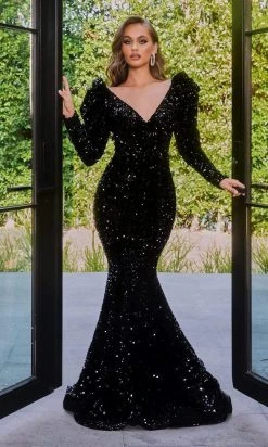 Portia And Scarlett - Ps22011 Puffed Long Sleeves Sequin Dress