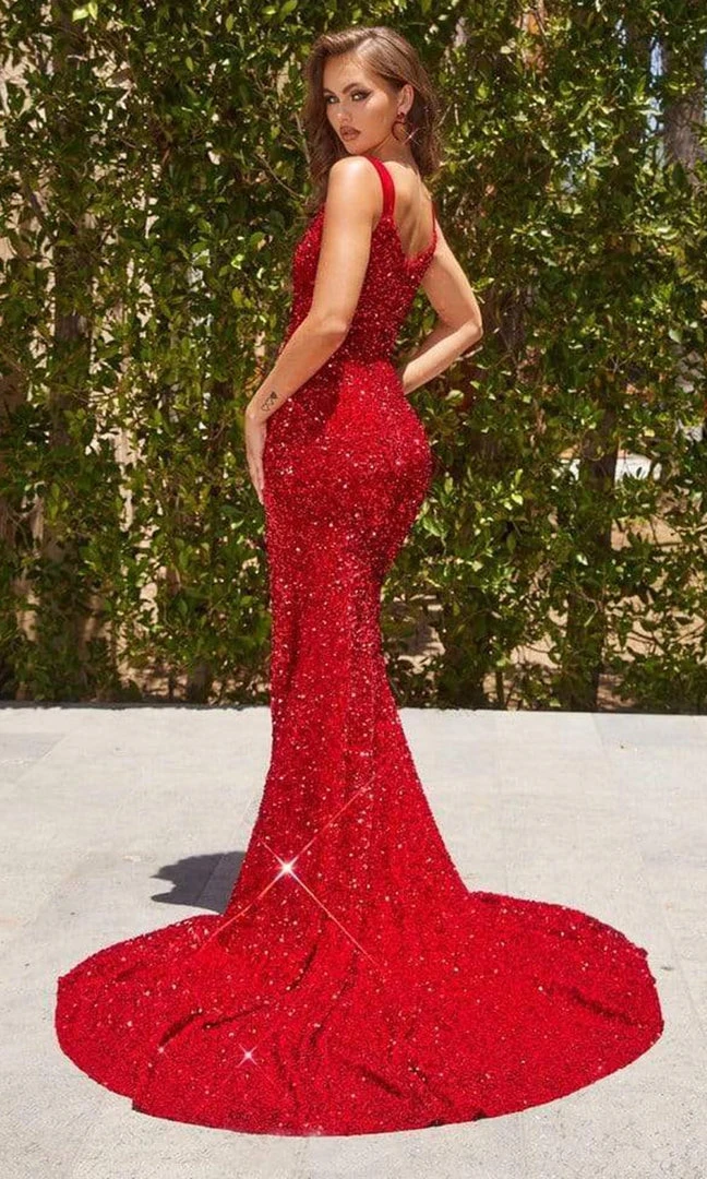 Portia And Scarlett - Ps22711 V Neck Slit Beaded Long Gown 4 Portia And Scarlett - Ps22711 V Neck Slit Beaded Long Gown