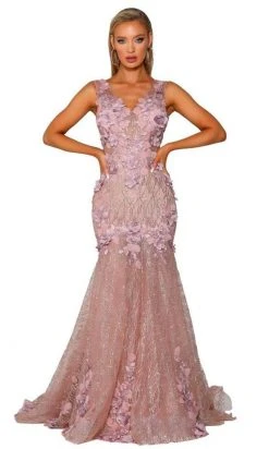 Portia And Scarlett - PS6002 Floral V-Neck Trumpet Prom Gown