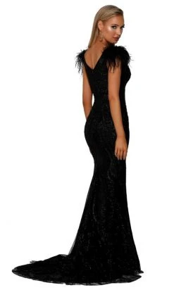 Portia And Scarlett - PS6072 V Neck Glitter Lace Feather Accent Gown