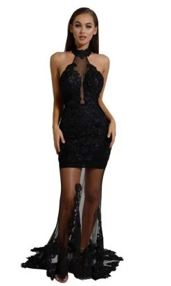 Portia And Scarlett - PS6084 Illusion Halter Appliqued Mermaid Gown