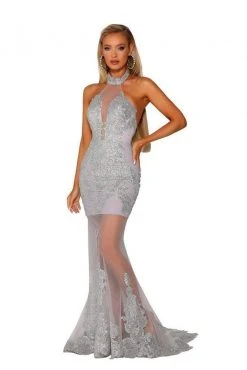 Portia And Scarlett - PS6084 Illusion Halter Appliqued Mermaid Gown 12 Portia And Scarlett - PS6084 Illusion Halter Appliqued Mermaid Gown