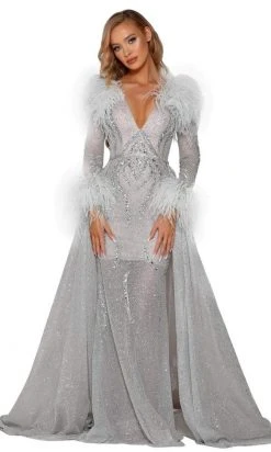 Portia And Scarlett - PS6092 Long Sleeve Feather Fringe Overskirt Gown
