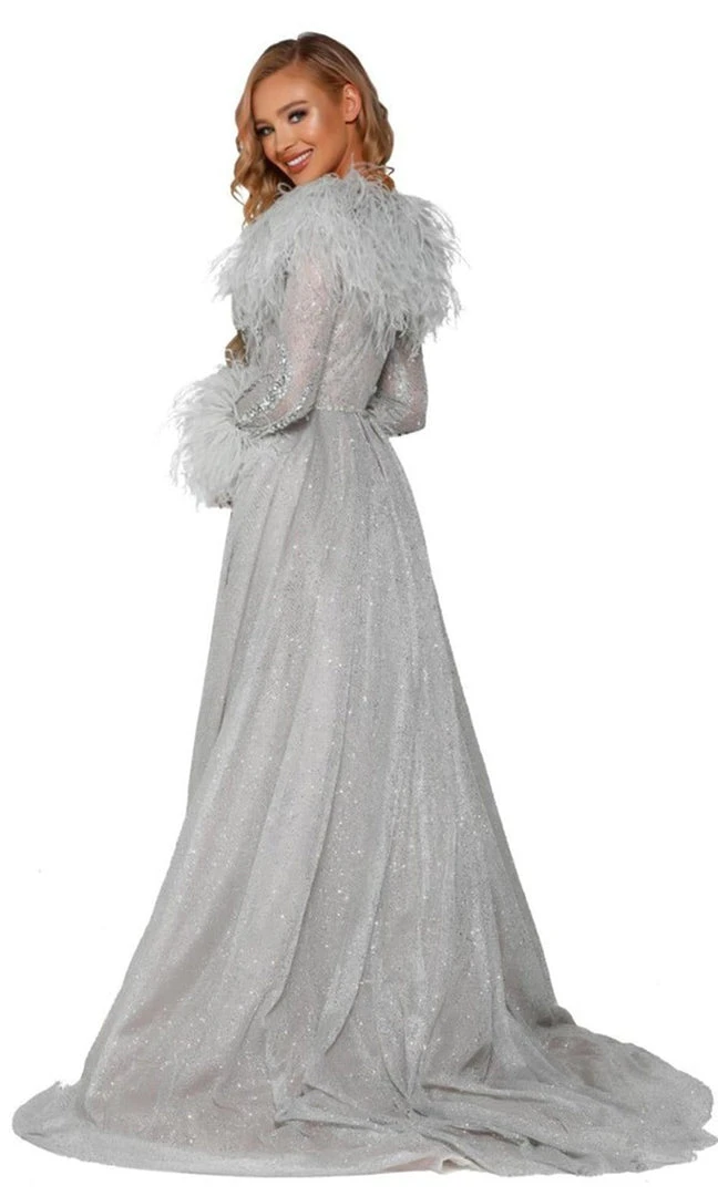 Portia And Scarlett - PS6092 Long Sleeve Feather Fringe Overskirt Gown 4 Portia And Scarlett - PS6092 Long Sleeve Feather Fringe Overskirt Gown