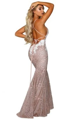 Portia And Scarlett - PS6396 Plunging Neck Fitted Lace Glitter Gown