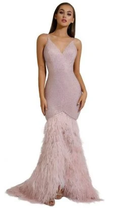 Portia And Scarlett - PS6826 V Neck Feathered Dress