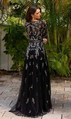 Primavera Couture - 11053 Bateau Neckline Long Sleeve Fully Embellished Dress