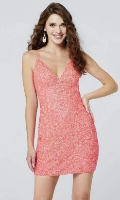 Primavera Couture - 3352 V-Neck Open Back Sequin Fitted Cocktail Dress