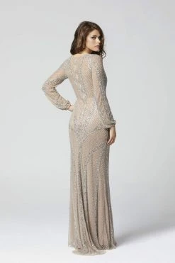 Primavera Couture - 3373 Embellished Long Sleeve Deep V-neck Dress