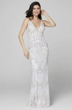 Primavera Couture - 3433 Sequin Plunging V-Neck Sheath Gown