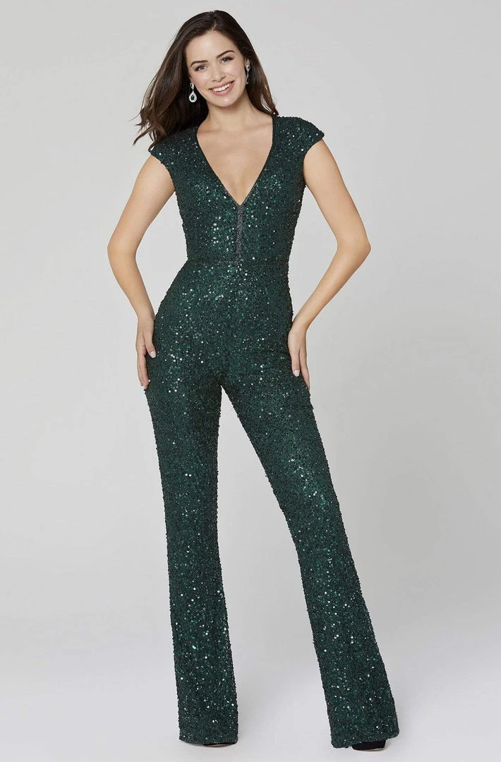 Primavera Couture - 3468 Sequined Plunging V-neck Jumpsuit 3 Primavera Couture - 3468 Sequined Plunging V-neck Jumpsuit
