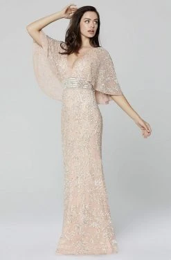 Primavera Couture - 3484 Embellished Bell Sleeve V-neck Sheath Dress