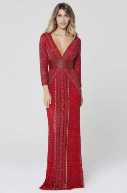 Primavera Couture - 3494 Long Sleeve Beaded Long Dress