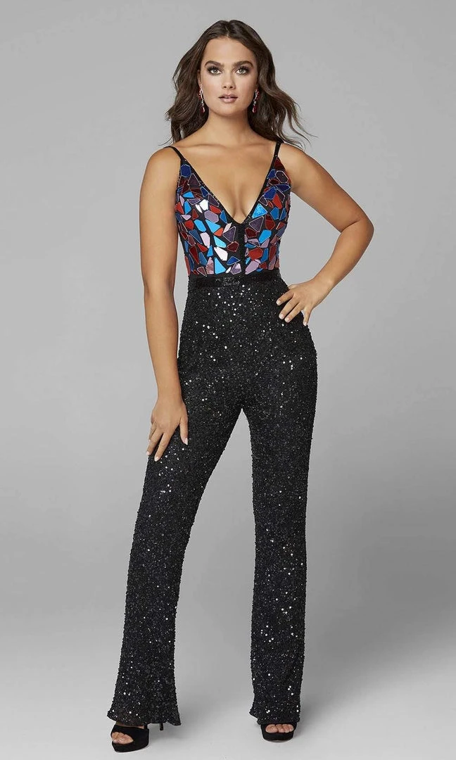 Primavera Couture - 3608 Plunging V Neck Sequin Jumpsuit 5 Primavera Couture - 3608 Plunging V Neck Sequin Jumpsuit