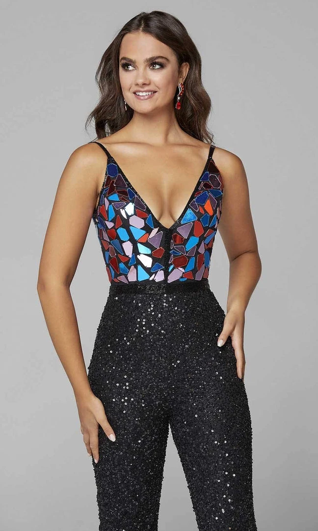 Primavera Couture - 3608 Plunging V Neck Sequin Jumpsuit 7 Primavera Couture - 3608 Plunging V Neck Sequin Jumpsuit