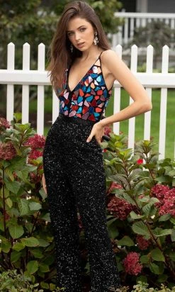 Primavera Couture - 3608 Plunging V Neck Sequin Jumpsuit 15 Primavera Couture - 3608 Plunging V Neck Sequin Jumpsuit