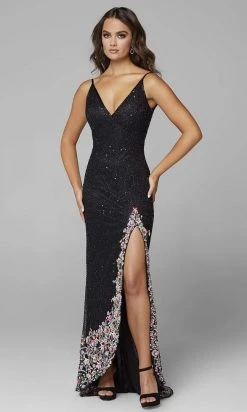 Primavera Couture - 3618 V-Neck Beaded 3D Floral Applique Hem Gown