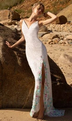 Primavera Couture - 3618 V-Neck Beaded 3D Floral Applique Hem Gown